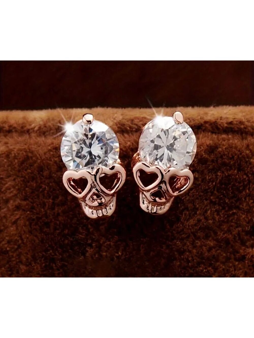 New - Gorgeous -Rhinestone -Rose Gold Skull Design Stud Earrings *Halloween* ;~]